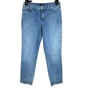 NYDJ SZ 10 Clarissa Ankle Jeans Embroidered Frayed Hems Stretch Zip-Fly Mid-Rise